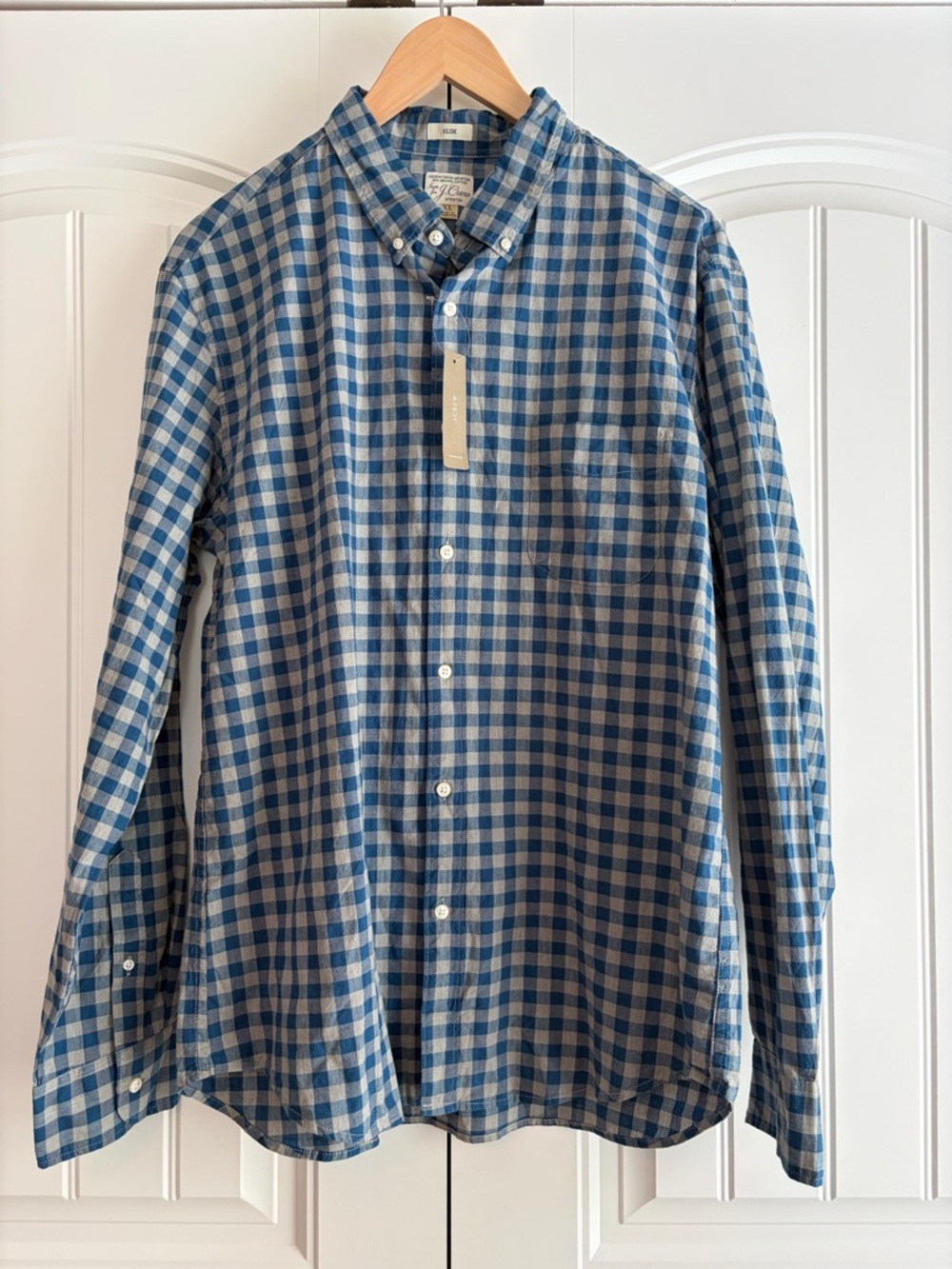J Crew NWT Shirt Mens Sz XL Blue Gingham Secret Wash Cotton Slim Fit Style AA429